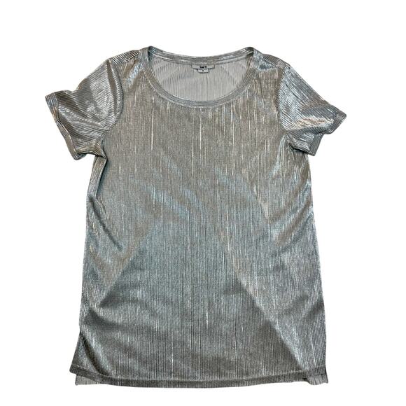 Bar III Metallic Ribbed Textured Top Silver Women’s Medium Scoop Neck Shimmer - Picture 3 of 16